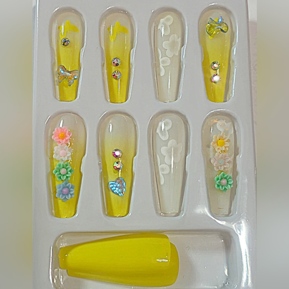 Other - Handmade 3D Floral & Crystal Yellow Ombre Coffin Press-On Nails - 12pc Set New